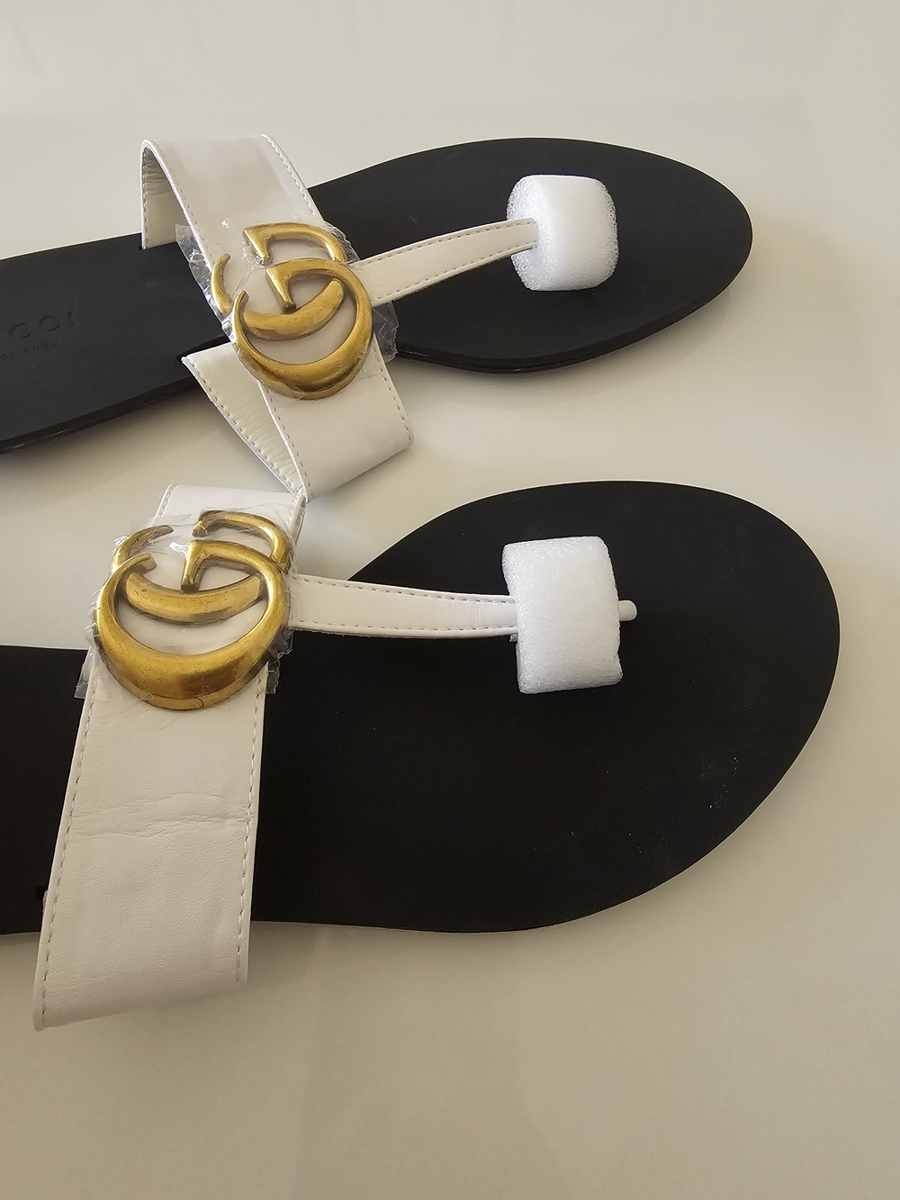 Designer-Inspired White and Black Women's Toe-Loop Sandals with Gold Accent